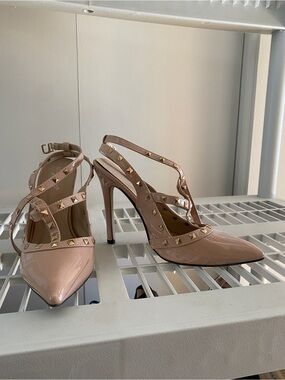 Nude Patent Studded Pointed Slingback Heels